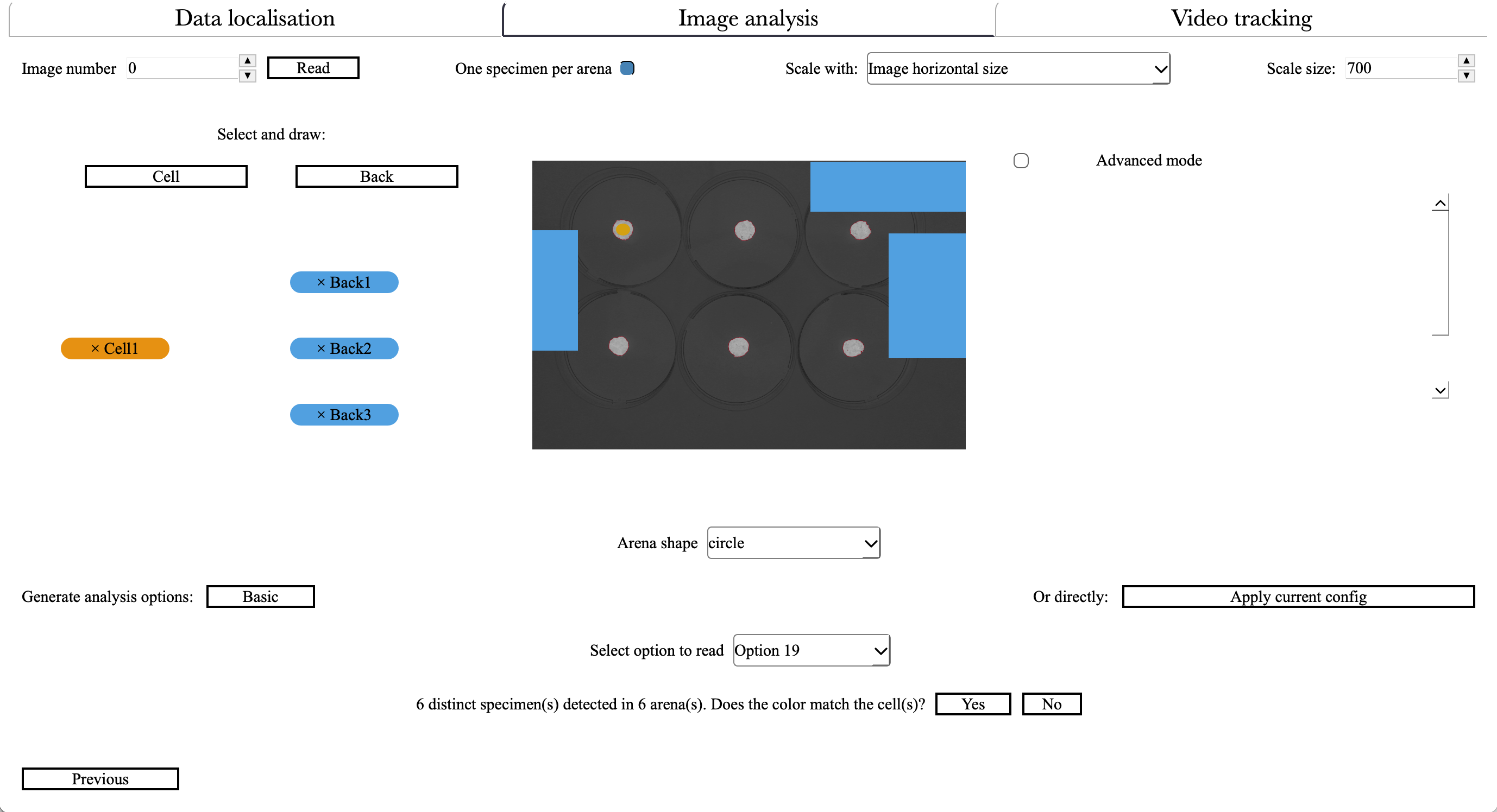 Cellects image analysis window after analysis option generation