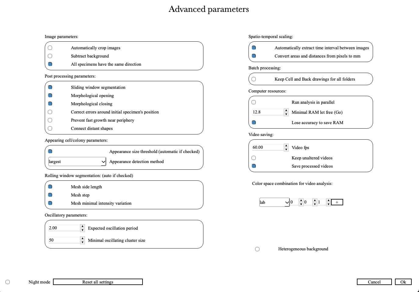 Advanced parameters window